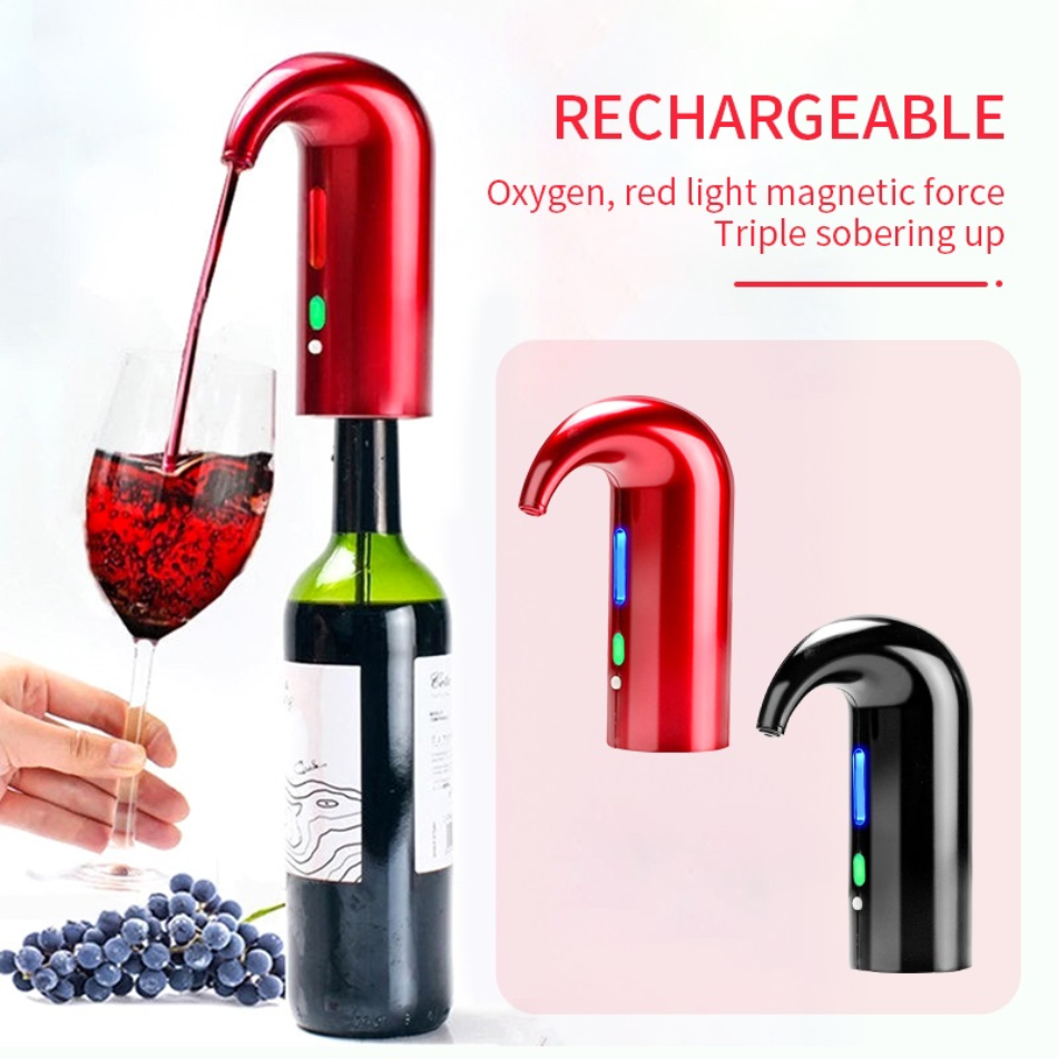 Red wine bottle opener with oxygen and red light features, shown with a wine glass and grapes. rechargable