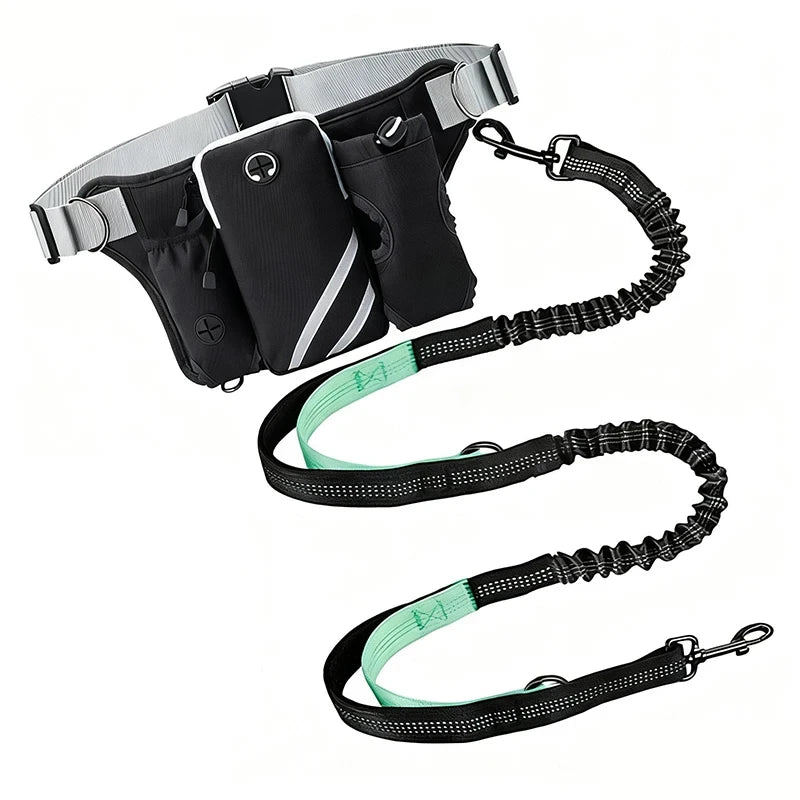 Adjustable Waist Belt Bag Training Pouch with Retractable Hands Free Dog Reflective Stitching Leash for Running Walking Hiking