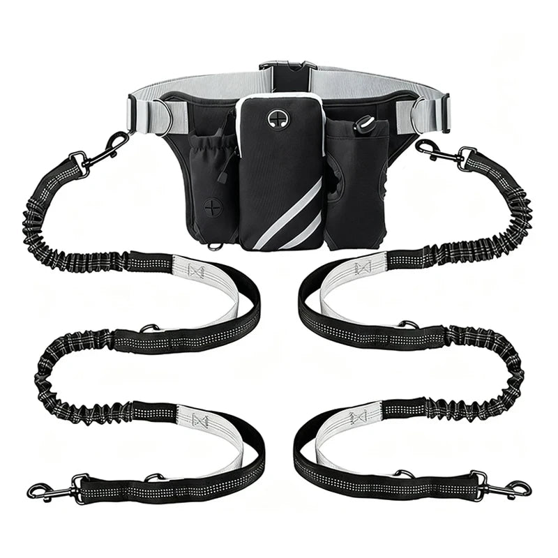 Adjustable Waist Belt Bag Training Pouch with Retractable Hands Free Dog Reflective Stitching Leash for Running Walking Hiking
