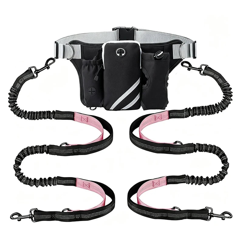 Adjustable Waist Belt Bag Training Pouch with Retractable Hands Free Dog Reflective Stitching Leash for Running Walking Hiking