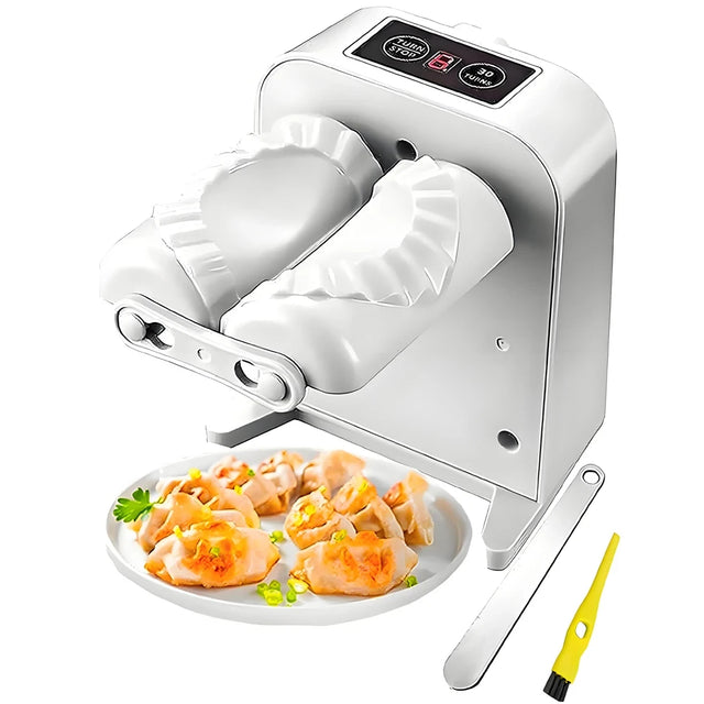Dough sheeter with a plate of dumplings and a pair of tongs on a white background