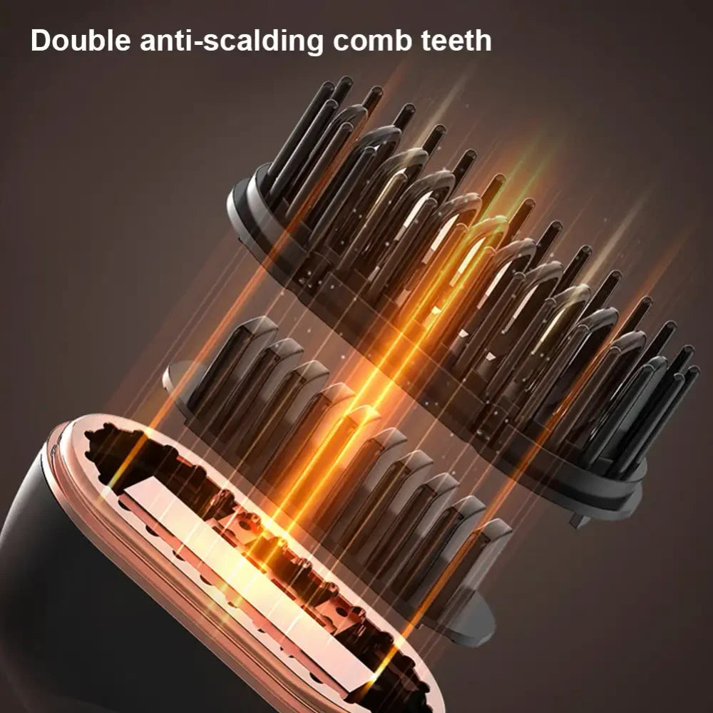 Hair dryer nozzle with double anti-scalping comb teeth design on a dark background