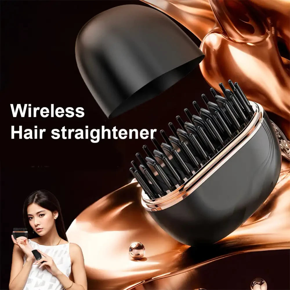 Wireless hair straightener with a woman using it on a black and gold background