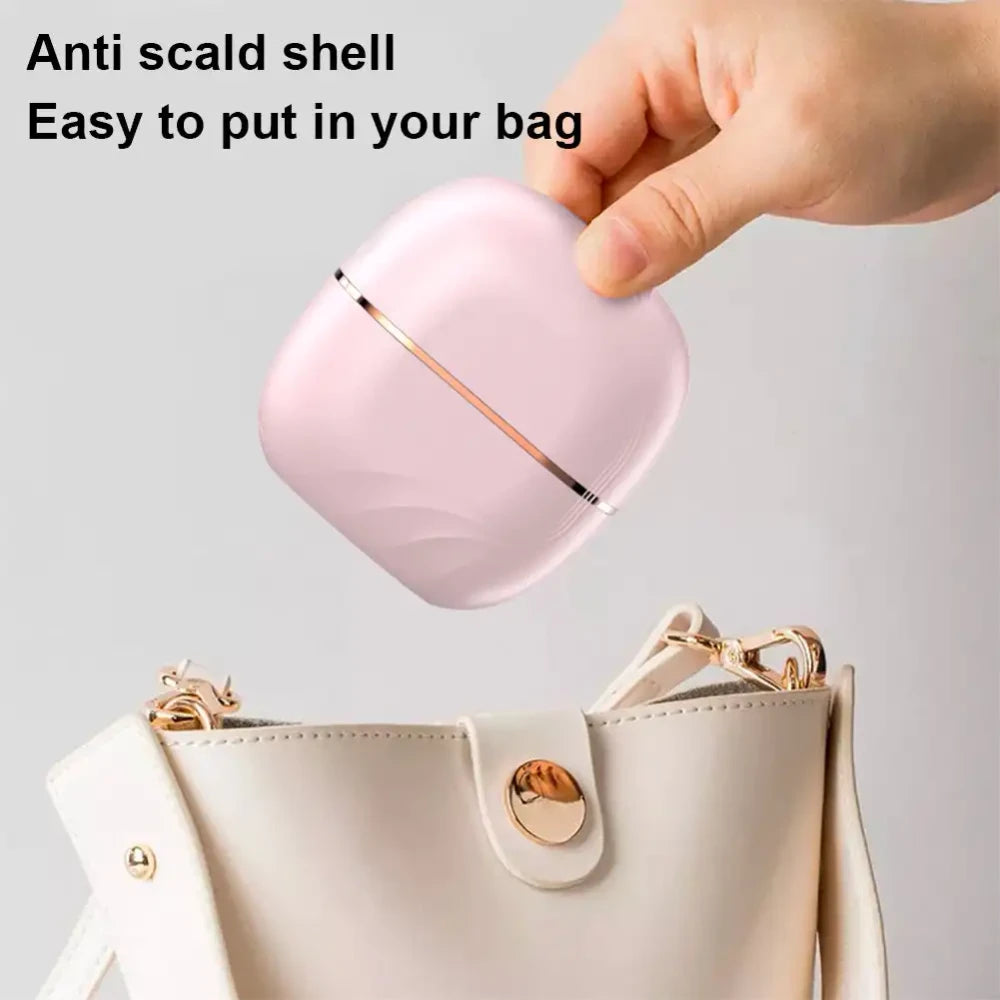 Pink anti-scald shell being placed into a beige handbag with text indicating ease of use.