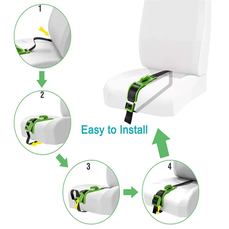 Step-by-step guide on how to install a car seat belt with green straps on a white car seat.