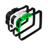 Three black plastic frames with green clips on a white background