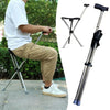Collage of a person using a folding stool and two walking sticks with attached seats.