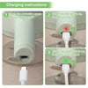 A three-panel charging instructions graphic showing how to interpret the light indicators on a white cylindrical charging device. Step 1 shows opening the protective cover of the charging hole.