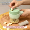 Garlic press being used to crush garlic on a wooden surface with text instructions.