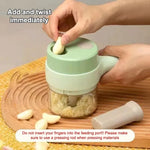 Garlic press being used to crush garlic on a wooden surface with text instructions.