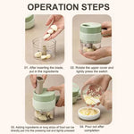An instructional graphic titled 'OPERATION STEPS' showing four panels with hands using a small manual food chopper. The chopper has a mint green top and base with a clear container in the center.