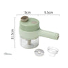 Green hand held appliance with measurement details on a white background