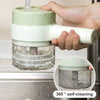 Hand holding a kitchen tool with 360-degree self-cleaning feature, inset showing cleaning process.