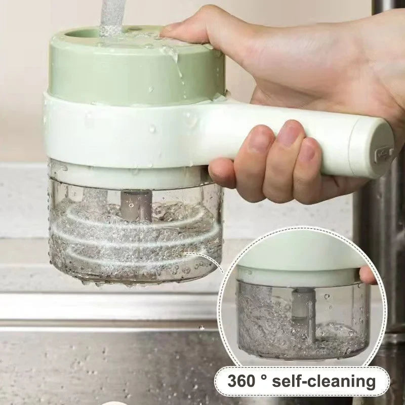 Hand holding a kitchen tool with 360-degree self-cleaning feature, inset showing cleaning process.