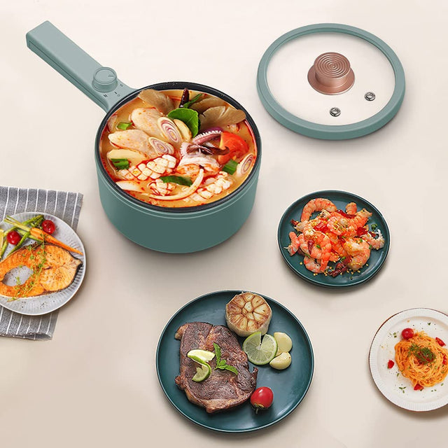 Assorted dishes including a pot with seafood, plates with meat and vegetables, and a lid on a light background