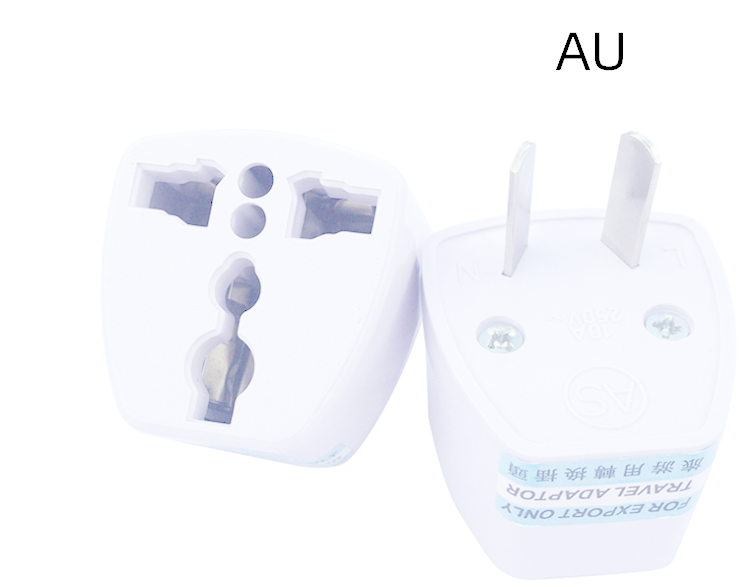 A white universal travel adapter plug shown from two angles on a plain white background, with the text 'AU' printed above it.