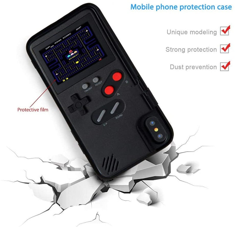 Phone case with retro game console design, showing features on a white background