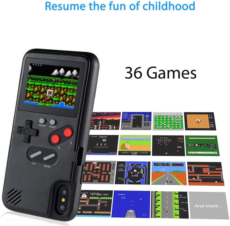 Black handheld gaming console with screen displaying games and text 'Resume the fun of childhood 36 Games'.