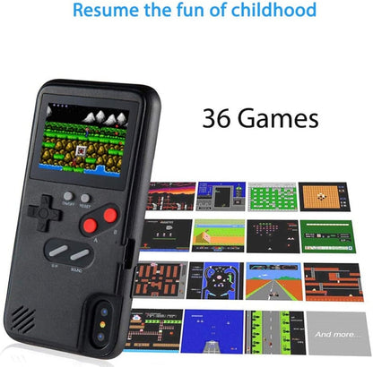 Black handheld gaming console with screen displaying games and text 'Resume the fun of childhood 36 Games'.