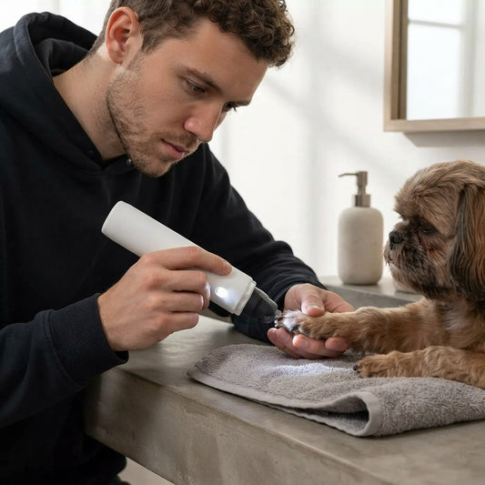A man grooming a small brown dog with an electric nail clipper on a gray countertop.
